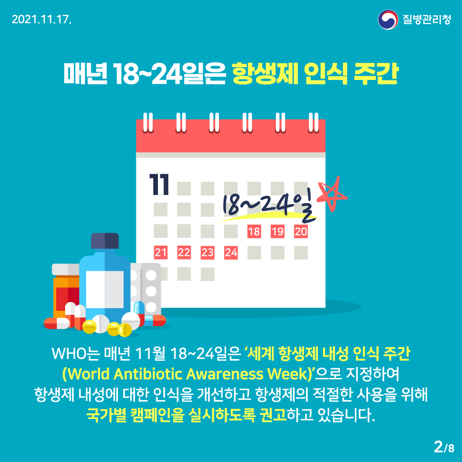 [2021년 11월 17일 질병관리청] 매년 18~24일은 항생제 인식 주간. WHO는 매년 11월 18~24일은 ‘세계 항생제 내성 인식 주간(World Antibiotic Awareness Week)’으로 지정하여 항생제 내성에 대한 인식을 개선하고 항생제의 적절한 사용을 위해 국가별 캠페인을 실시하도록 권고하고 있습니다. 8페이지 중 2페이지